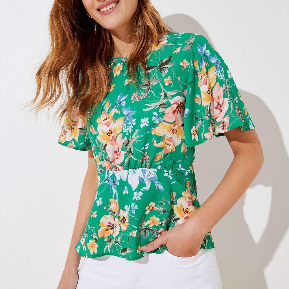 LOFT Women's Green Floral Peplum Top